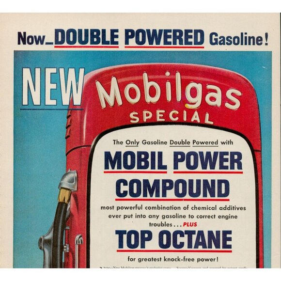 1954 Mobilegas "Double Powered Gasoline" Vintage Print Ad (L5) - Picture 2 of 3